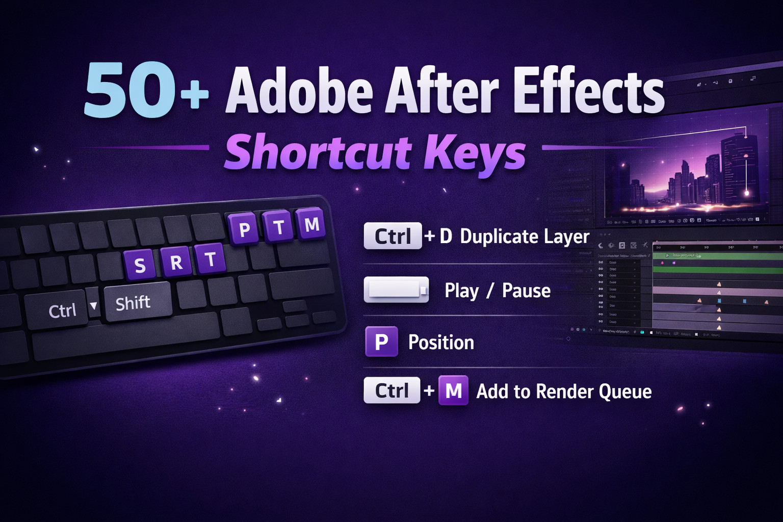 Adobe After Effects shortcut keys guide showing essential keyboard shortcuts for faster video editing and motion graphics workflow.