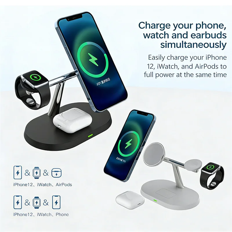 3 in 1 Magnetic Wireless Charger Stand for Magsafe iPhone16/15/14/13/12 Apple Watch 8/7 & Airpods pro Fast Charging Station 9 3 in 1 Magnetic Wireless Charger Stand for Magsafe iPhone 16/15/14/13/12 Apple Watch 8/7 & Airpods pro Fast Charging Station