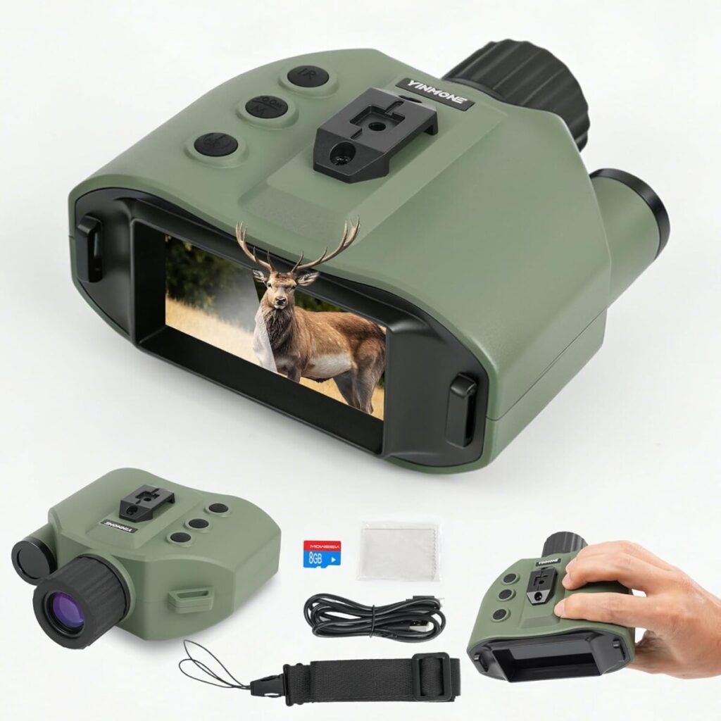 About this item
【Clearly See in Darkness】: The night vision goggles can take photos, record a video and playback, you can capture high definition photos & videos with its outstanding optical clarity in the daytime, low light, or night time
【Full High 4K Video & 1920X1080 Display】: The night vision binoculars achieves 4K HD video and 36 million pixels photos. The motion detection function can be turned on when shooting videos of running animals, and the pictures also have an anti-shake function
【HD 10x Magnification 3'' Screen】: Night vision goggles with a 3" screen, allowing you to view crystal-clear photos and videos. 10x digital zoom of view offer you more full field. Perfect for outdoor activities, security and surveilla, camping, watching wildlife and scenery
【Rechargeable Lithium Battery】: Built-in a Li-ion rechargeable cell of 5000mAh. The Infrared high-tech night vision binoculars feature a 850 NM infrared illuminator which allows you to view animals in pitch dark for hours
【More Features】: Easily transfer videos and images to your computer using the included Type-C cable—perfect for editing and sharing. With an excellent waterproof rating, it stands up to tough environments, while compatibility with standard 1/4-inch tripods enables convenient hands-free use